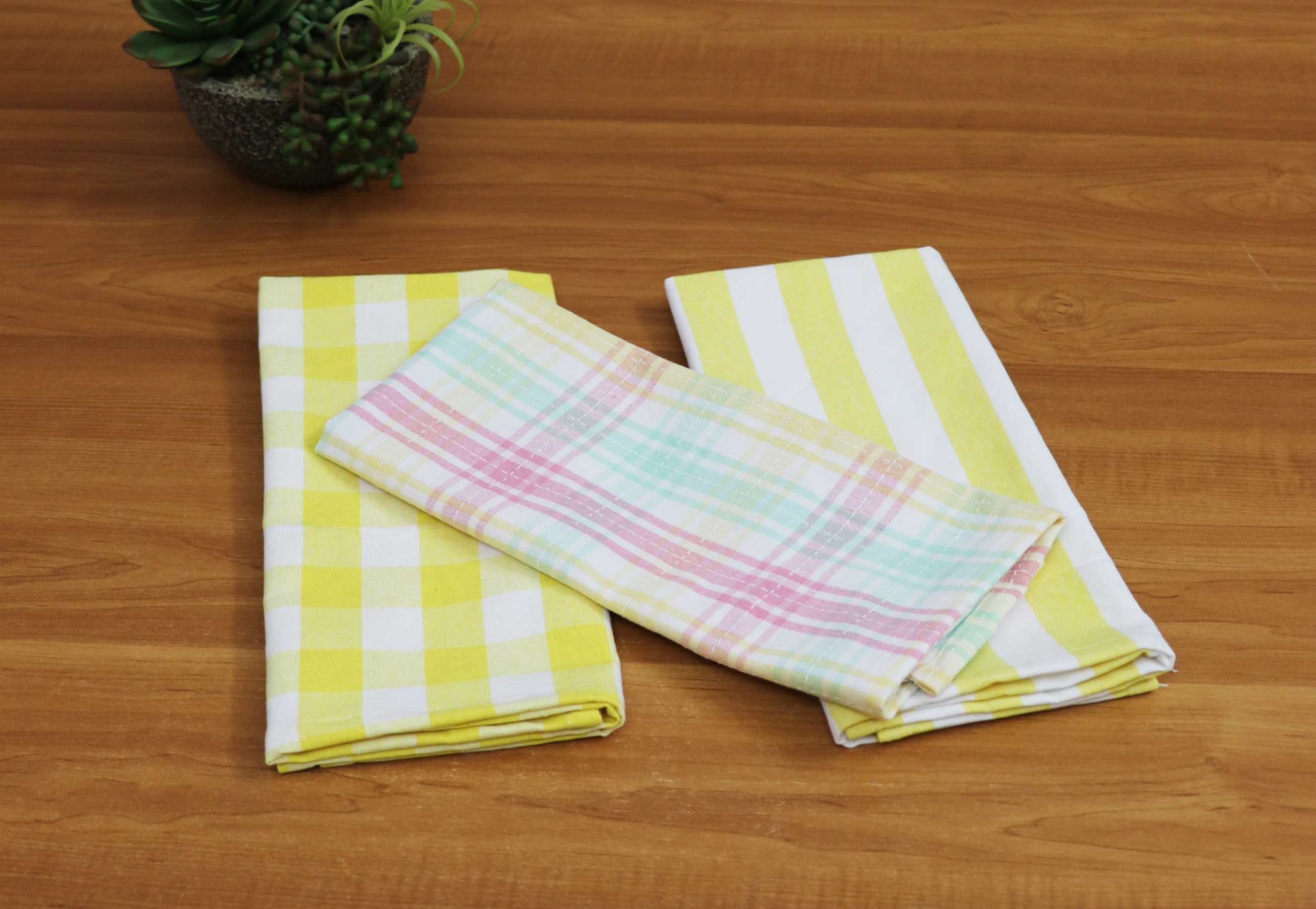 100% Cotton Sunny Pastel Stripe and Check Kitchen Towel Set