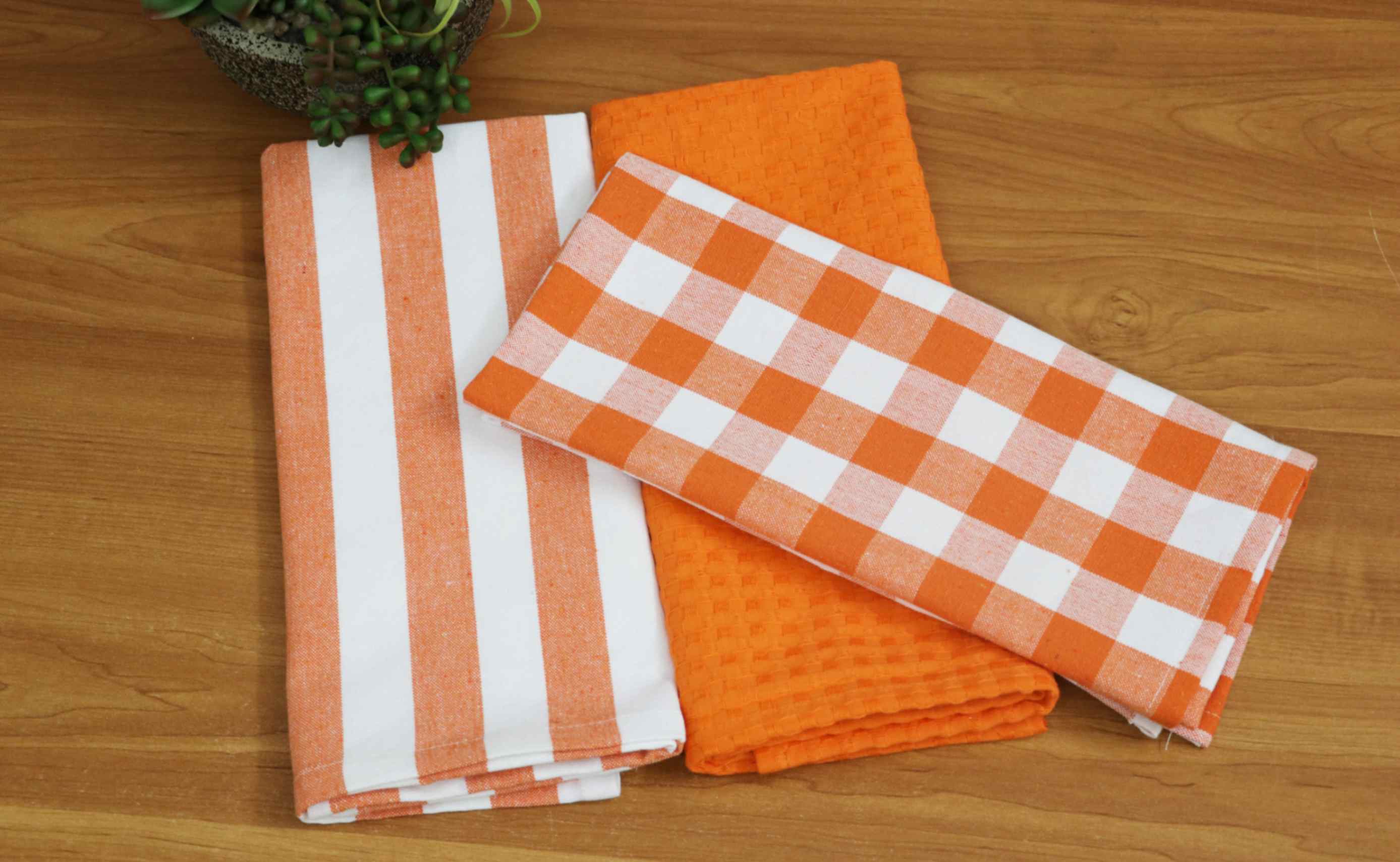 100% Cotton Rustic Orange Stripe and Check Kitchen Towel Set