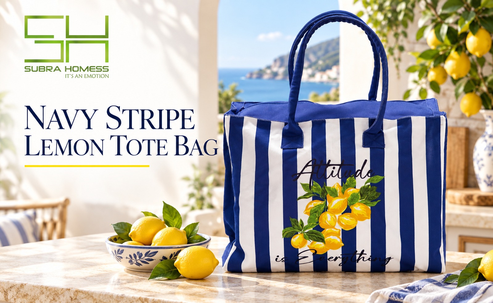 Navy Stripe Lemon Large Shopper Tote Bag
