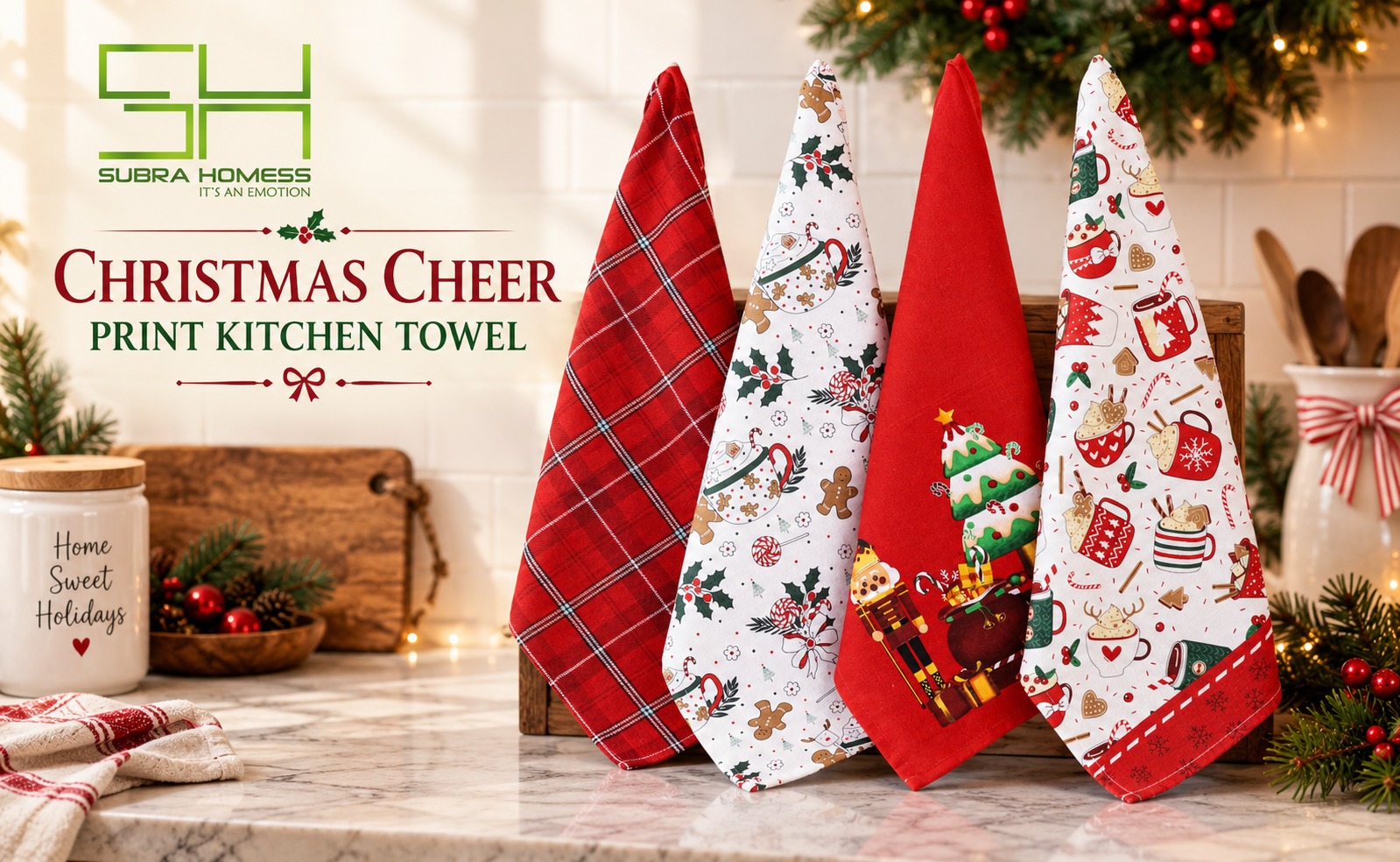 100% Cotton  Christmas Cheer Printed Kitchen Towel Set