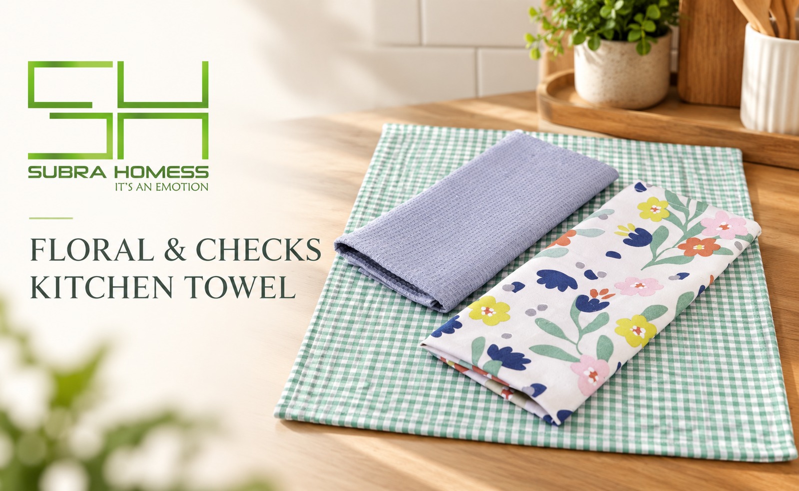 100% Cotton Floral Print Bloom and Check Kitchen Towel Set