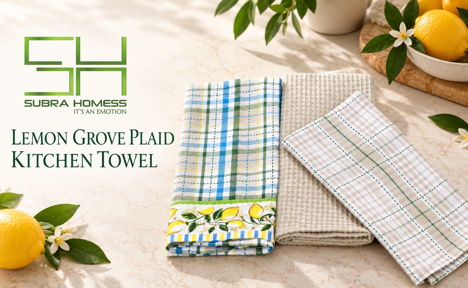 100% Cotton Lemon Grove Plaid Kitchen Towel Set