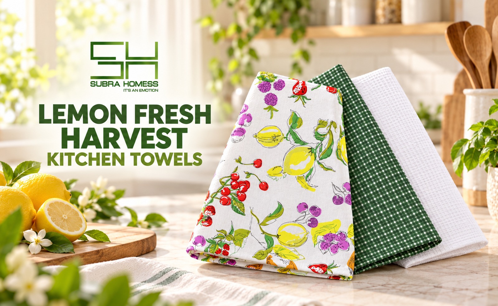 Lemon Print Fresh Harvest 100% Cotton Kitchen Towel Set