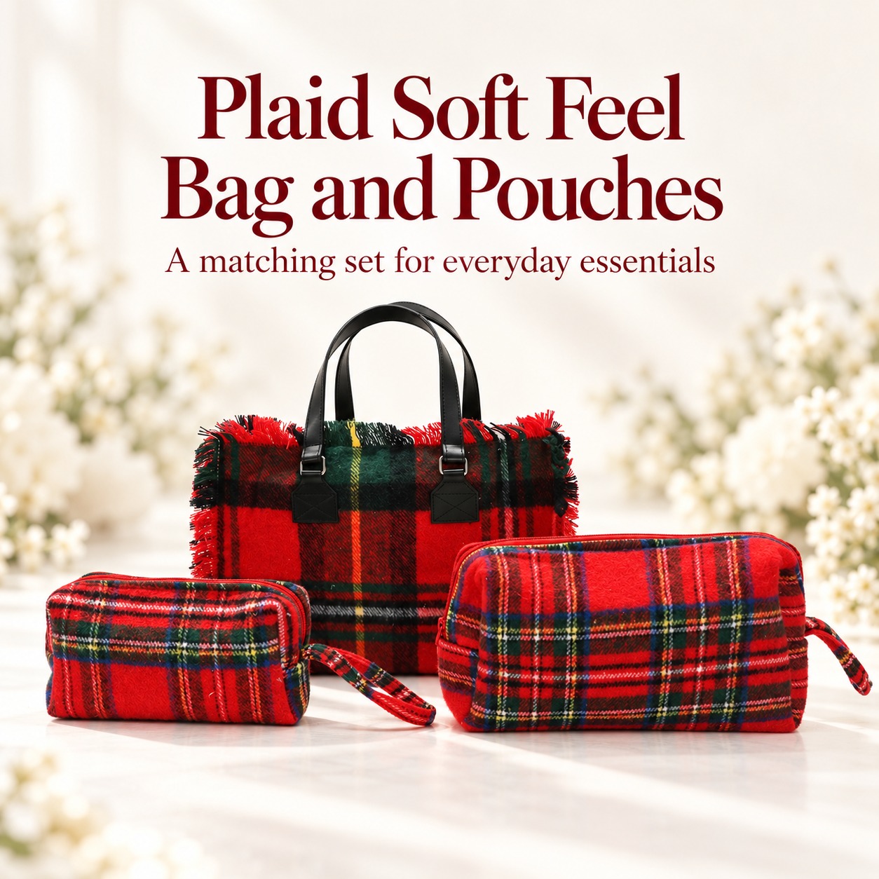 Plaid Soft Feel Bag and Pouches Combo - Classic Red , (Set of 3)