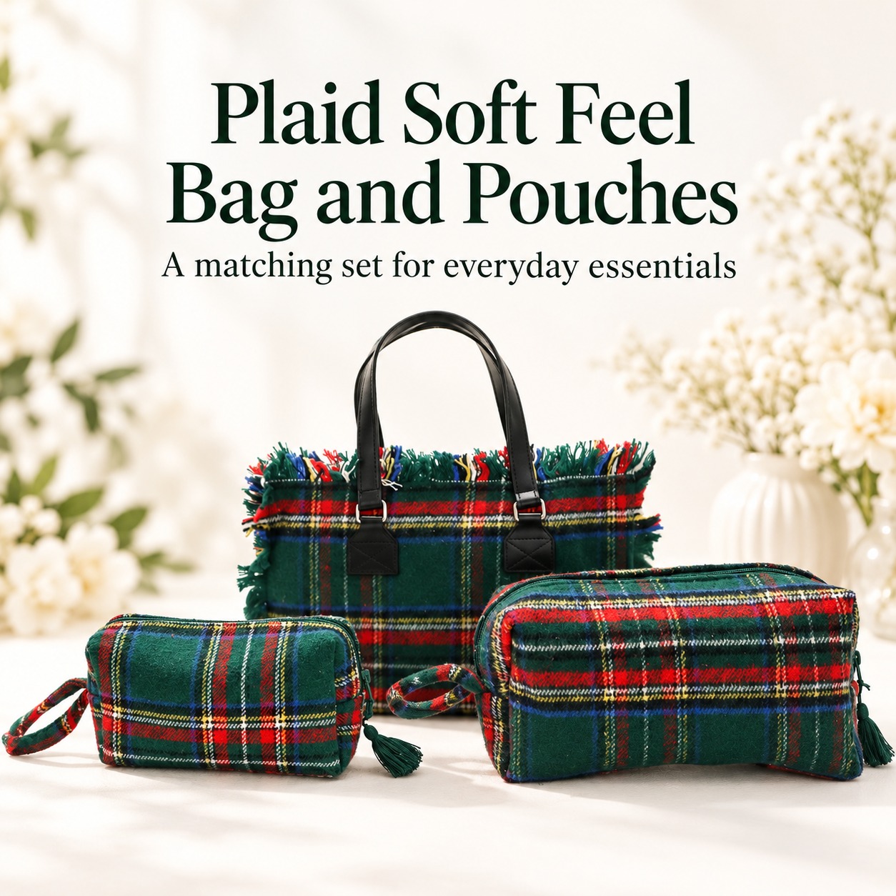 Plaid Soft Feel Bag and Pouches Combo - Forest Green , (Set of 3)
