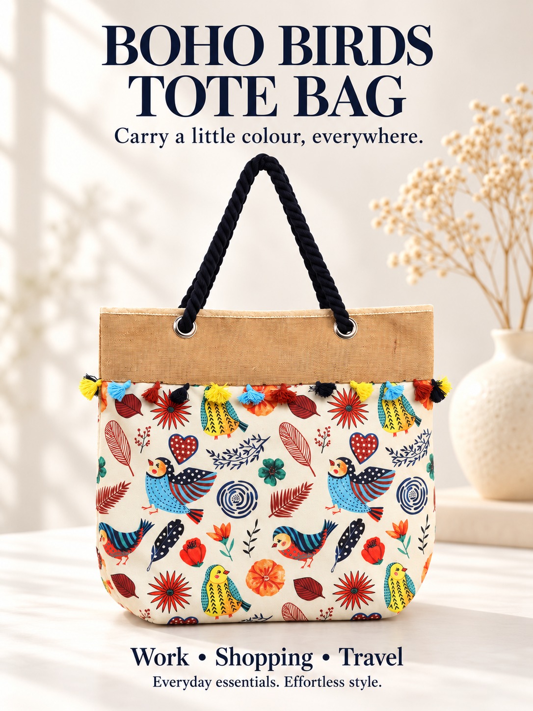 Boho Birds Cotton Tote Bag