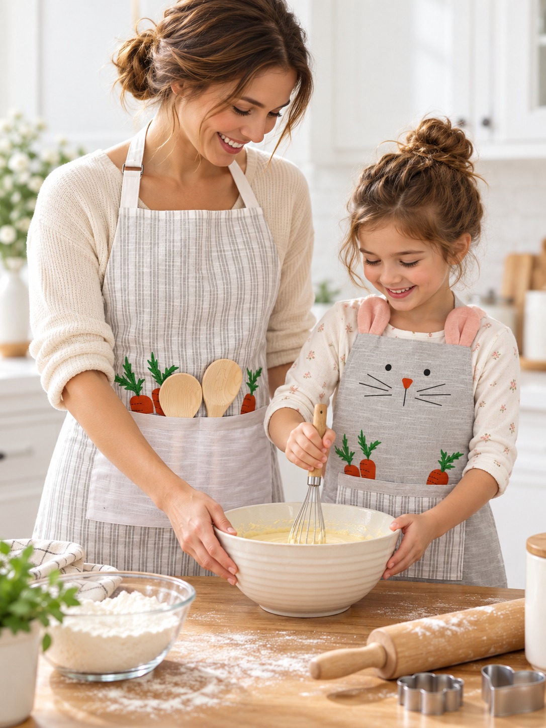Mom and Kid Neutral Carrot Bunny Apron Set