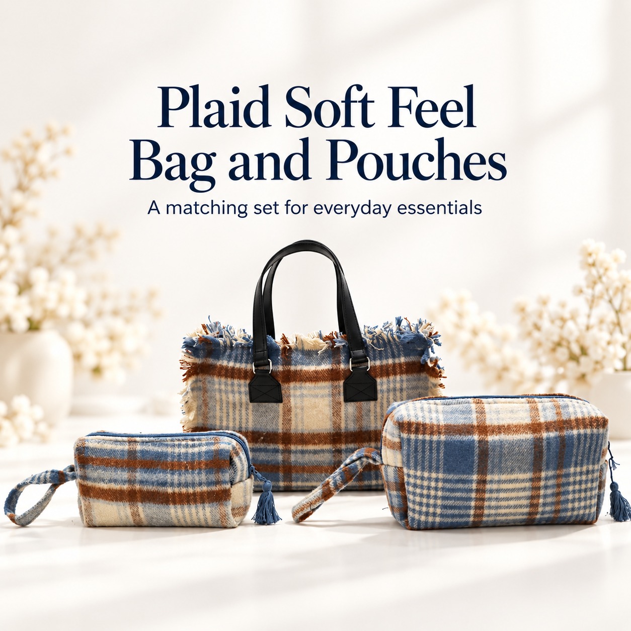 Plaid Soft Feel Bag and Pouches Combo - Dusty Blue , (Set of 3)