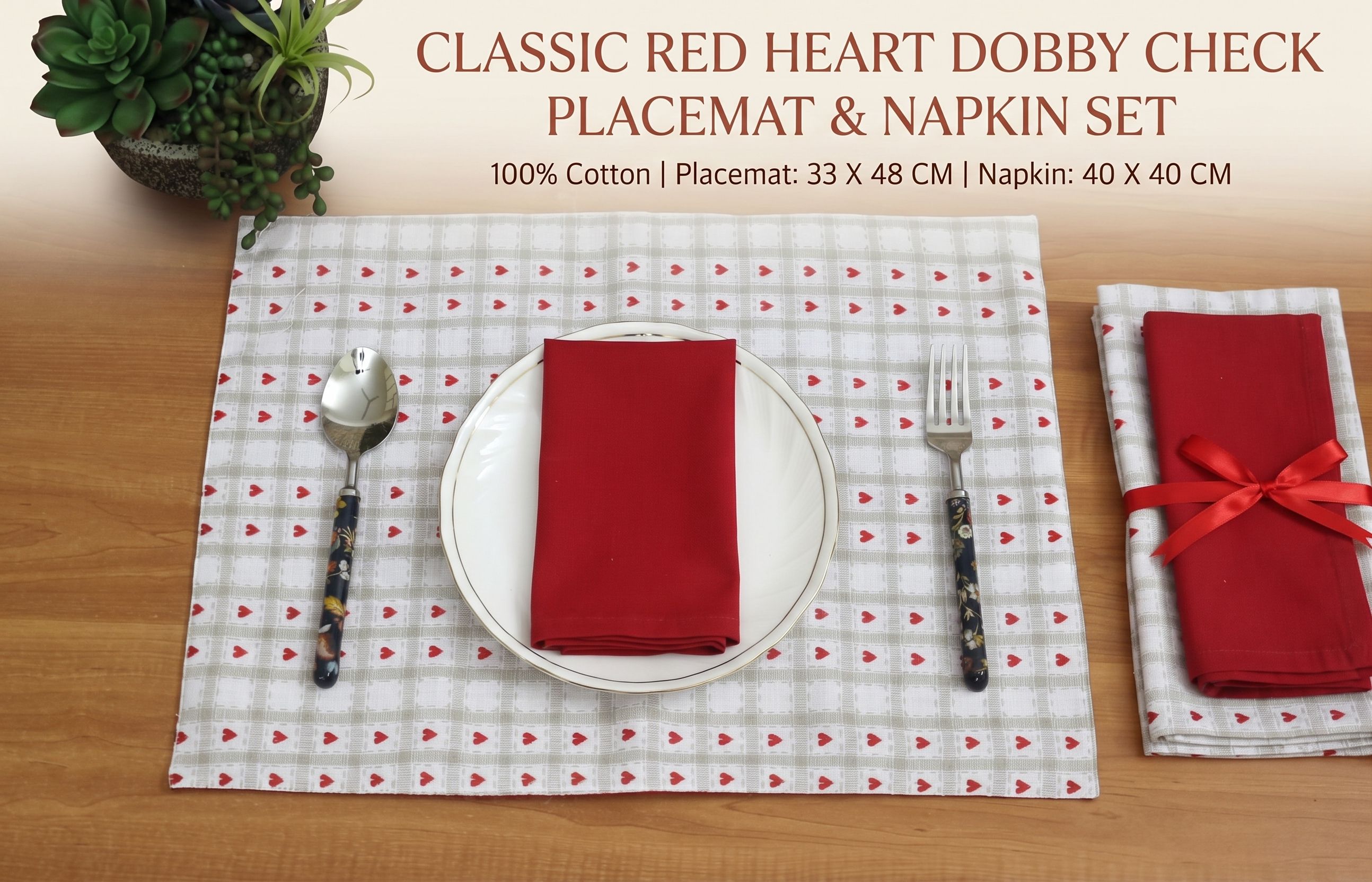 100% Cotton Classic Red Dobby Checkmat and Napkin Set