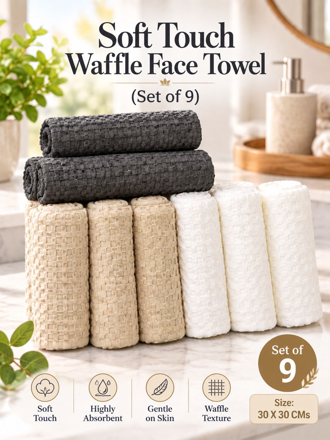 Soft Touch Waffle Face Towel - (Set of 9)