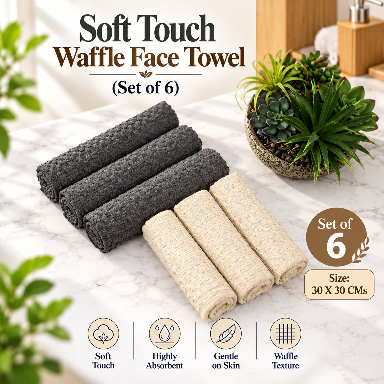 Soft Touch Waffle Face Towel - (Set of 6)