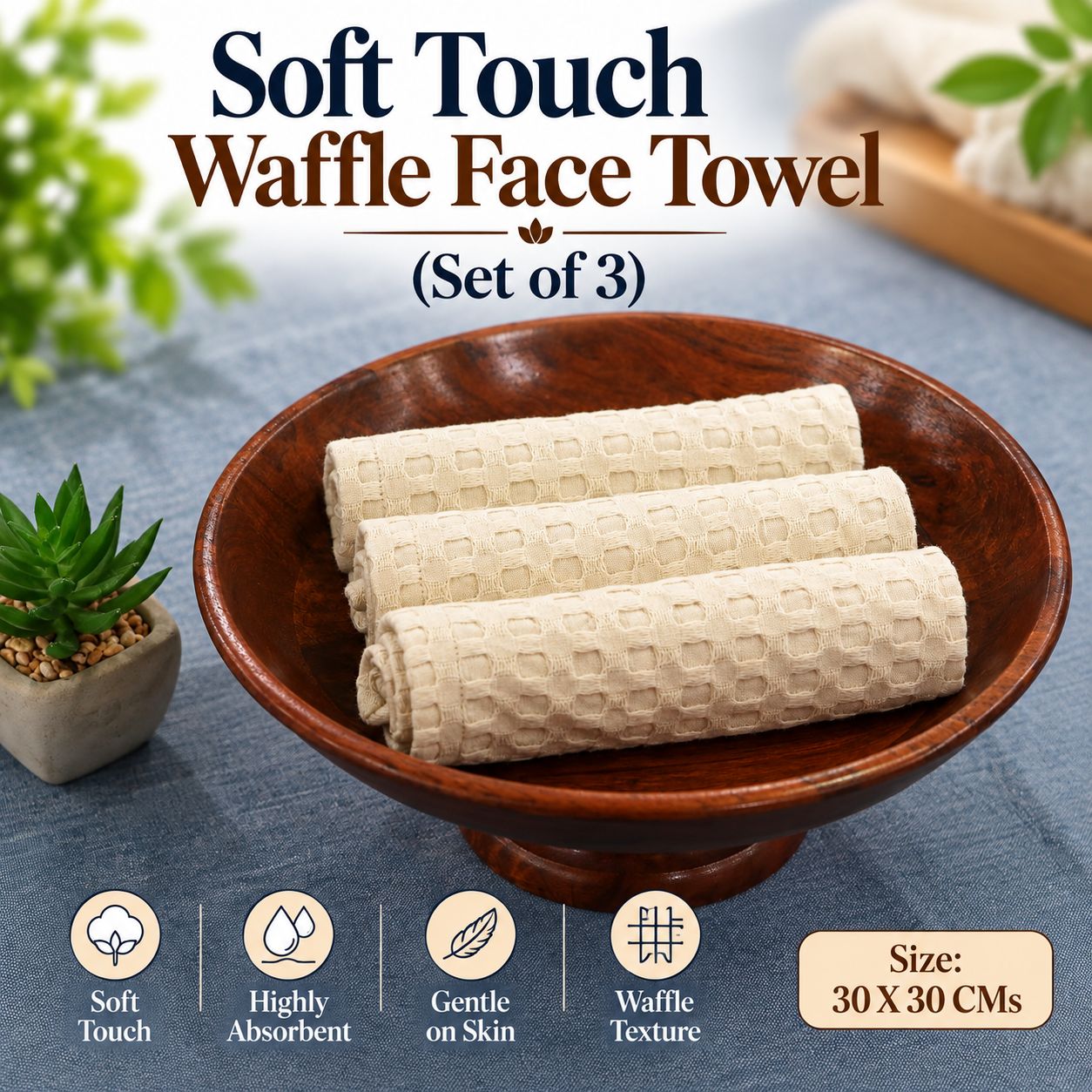 Soft Touch Waffle Face Towel - (Set of 3)