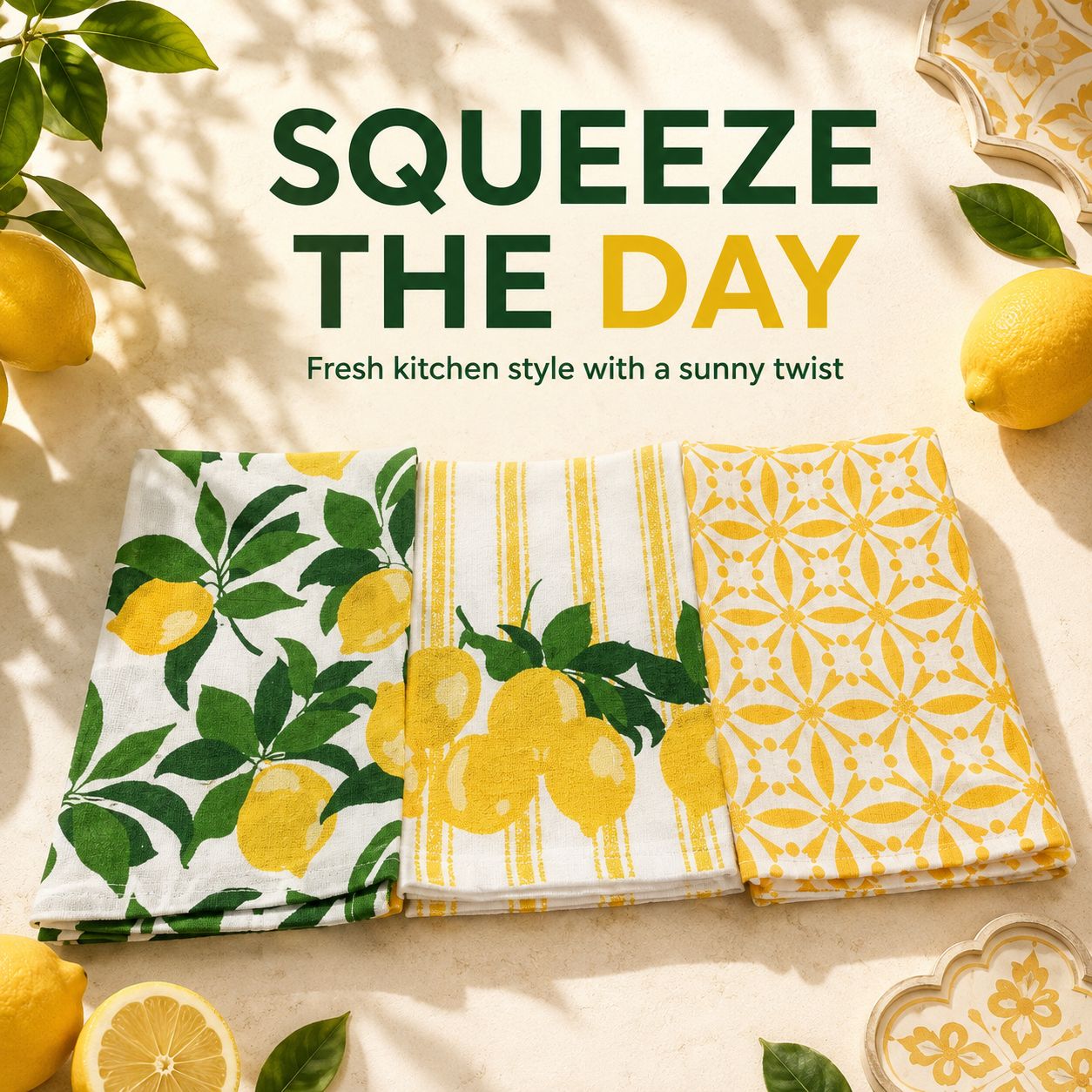 100% Cotton Sunny Lemon Grove Kitchen Towels Set