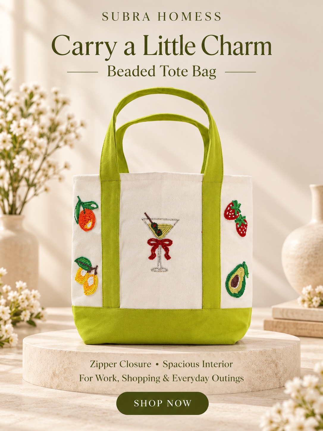 Beaded Tote Bag – Stylish Fruit &amp; Cocktail Design