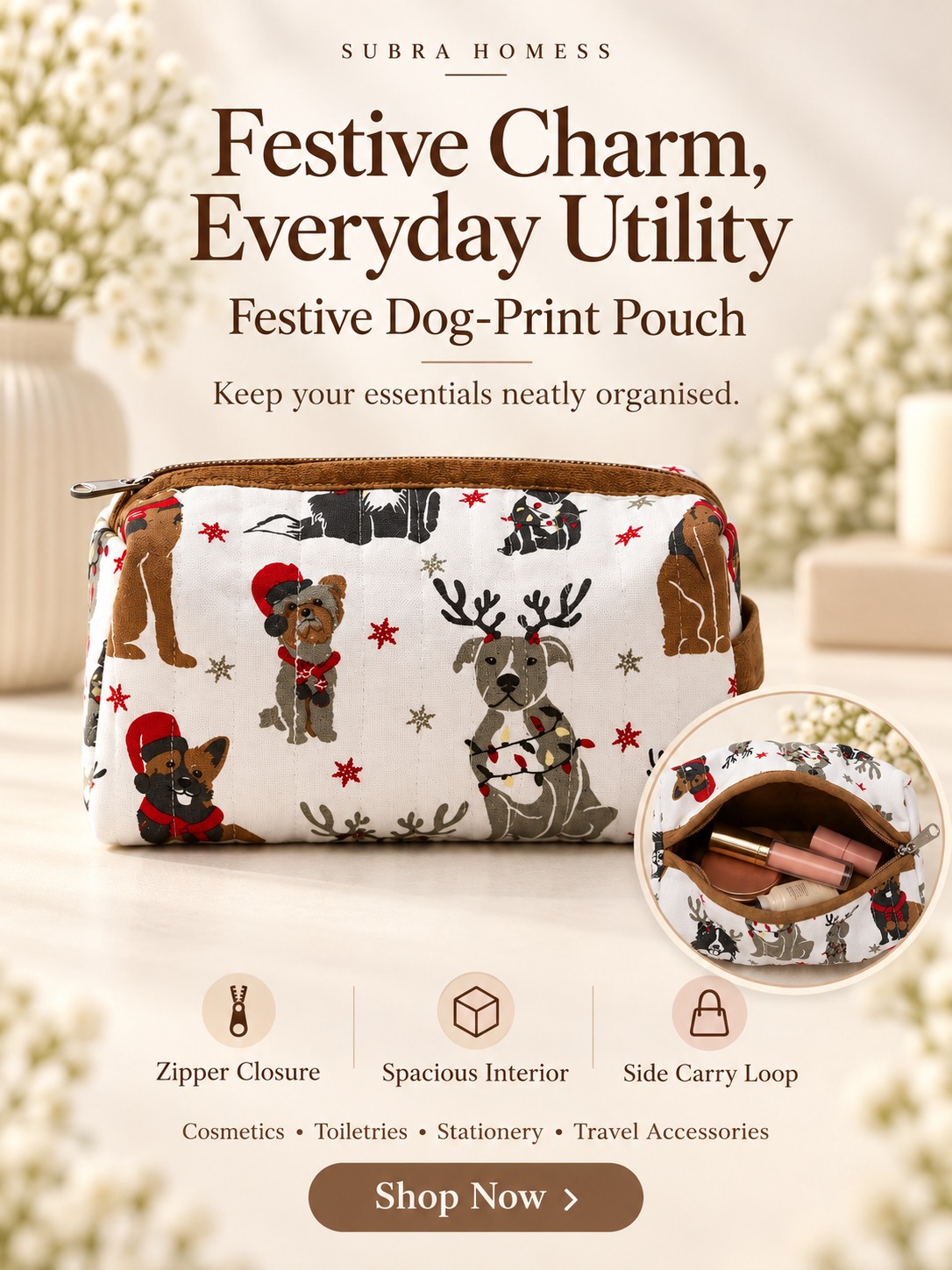 Festive Dog-Print Pouch – Multipurpose Zipper Pouch