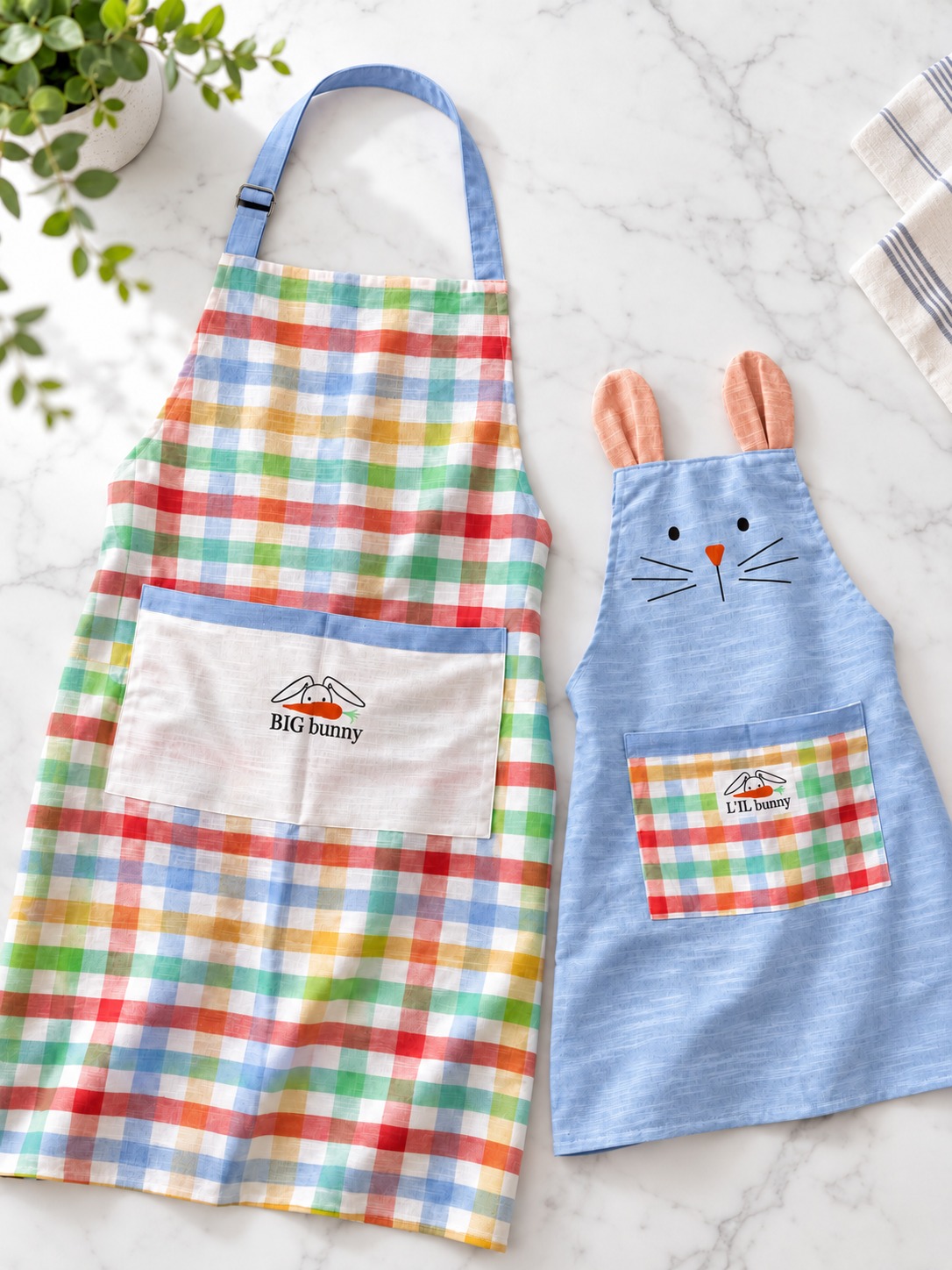 Mom and Kid Rainbow Check Bunny Apron  Set