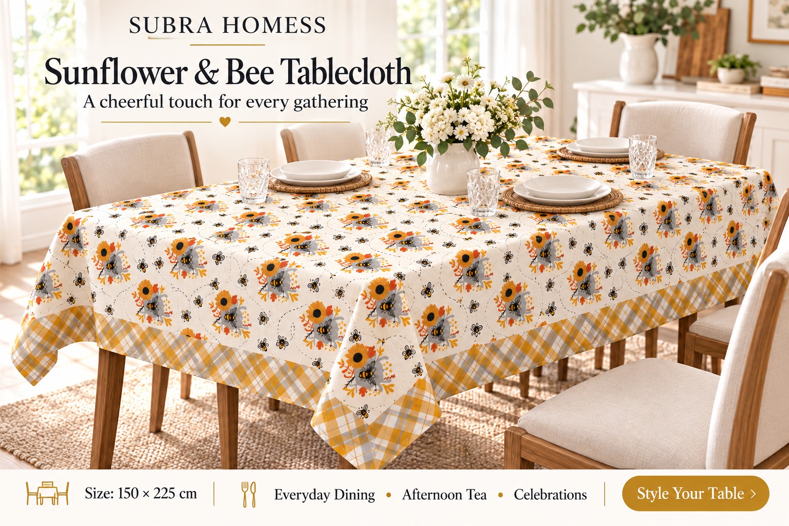 100% Cotton Queen Bee Table Cloth – Suitable for 6 and 8 Seater Dining Tables