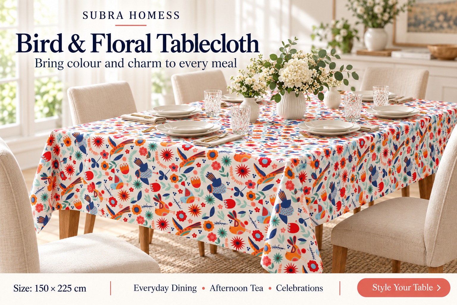 100% Cotton Flying Tropical  Table Cloth –  Suitable for 6 and 8 Seater Dining Tables