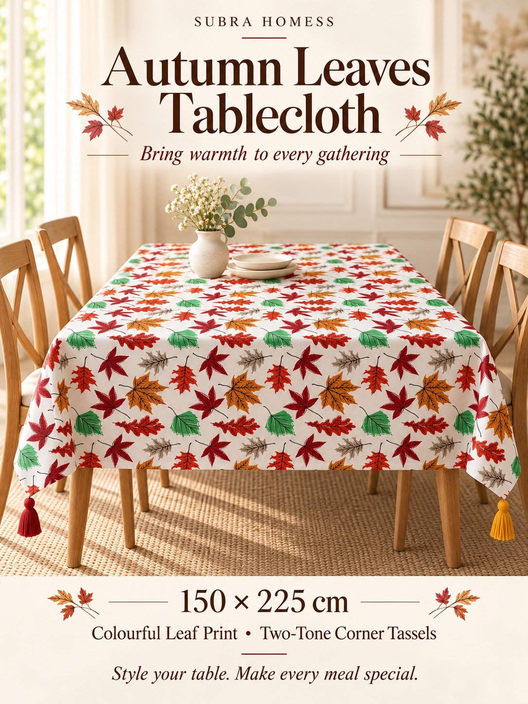 100% Cotton Autumn Leaves Table Cloth –  Suitable for 4 and 6 Seater Dining Tables