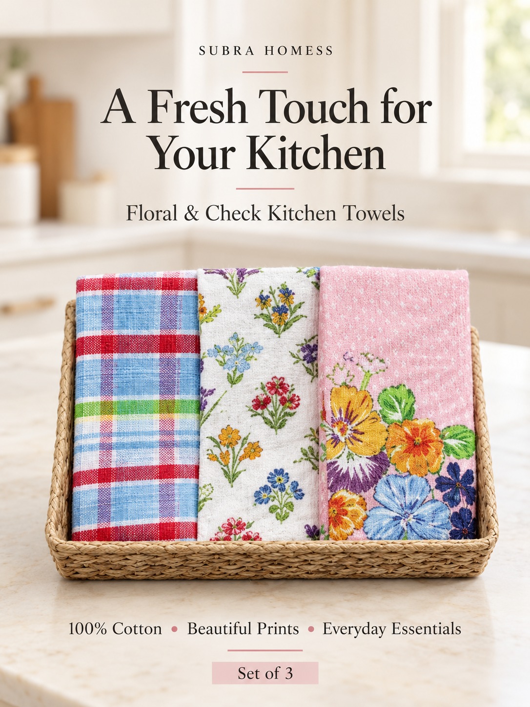 100% Cotton Floral Check Kitchen Towels Set