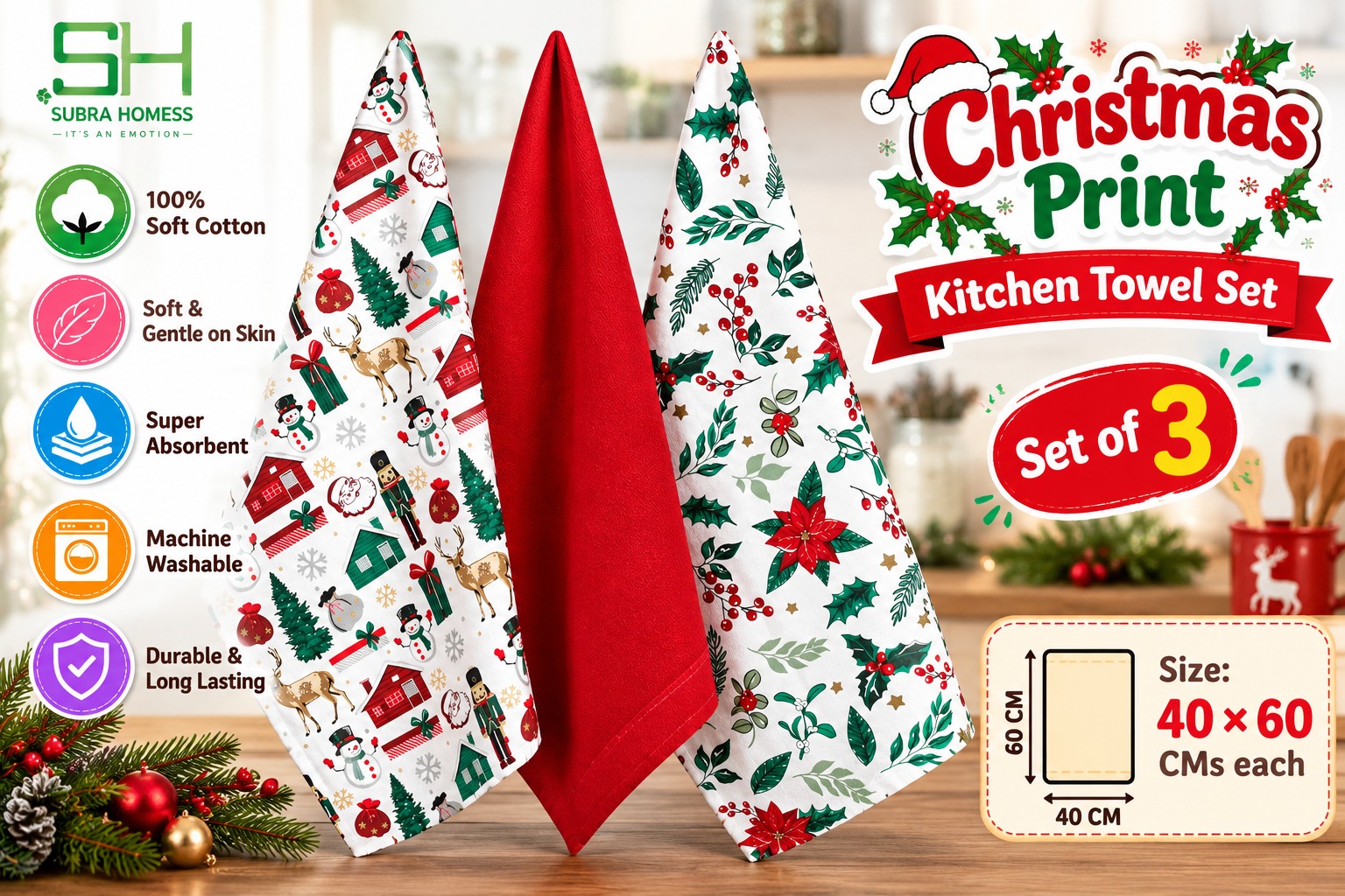 100% Cotton Christmas Print Kitchen Towel Set