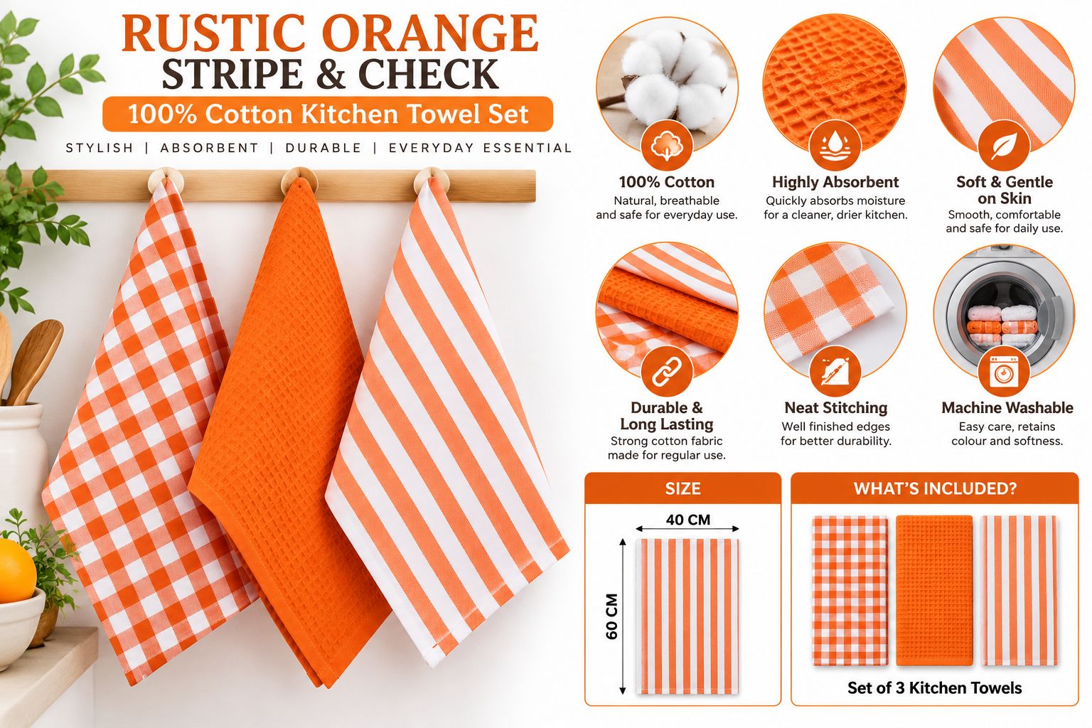 100% Cotton Rustic Orange Stripe and Check Kitchen Towel Set