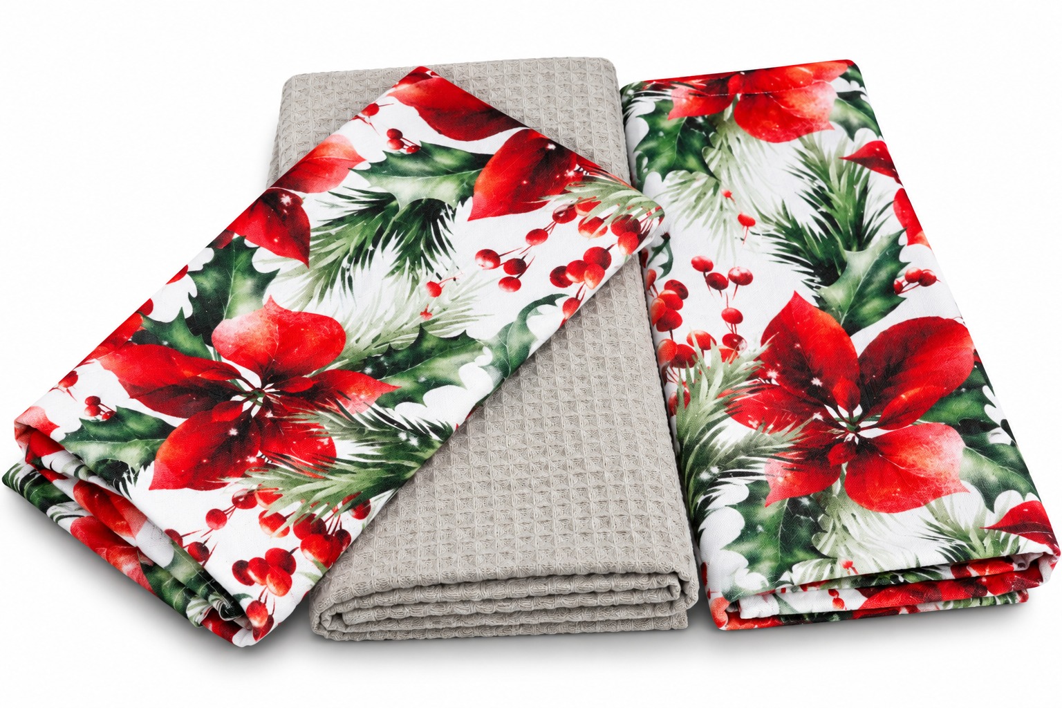 100% Cotton Festive Poinsettia Floral Kitchen Towel Set
