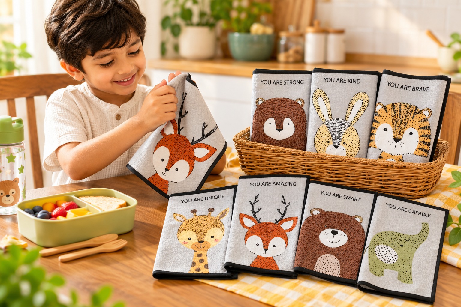 100% Soft Cotton Woodland Friends Kids Lunch Towels / Napkins