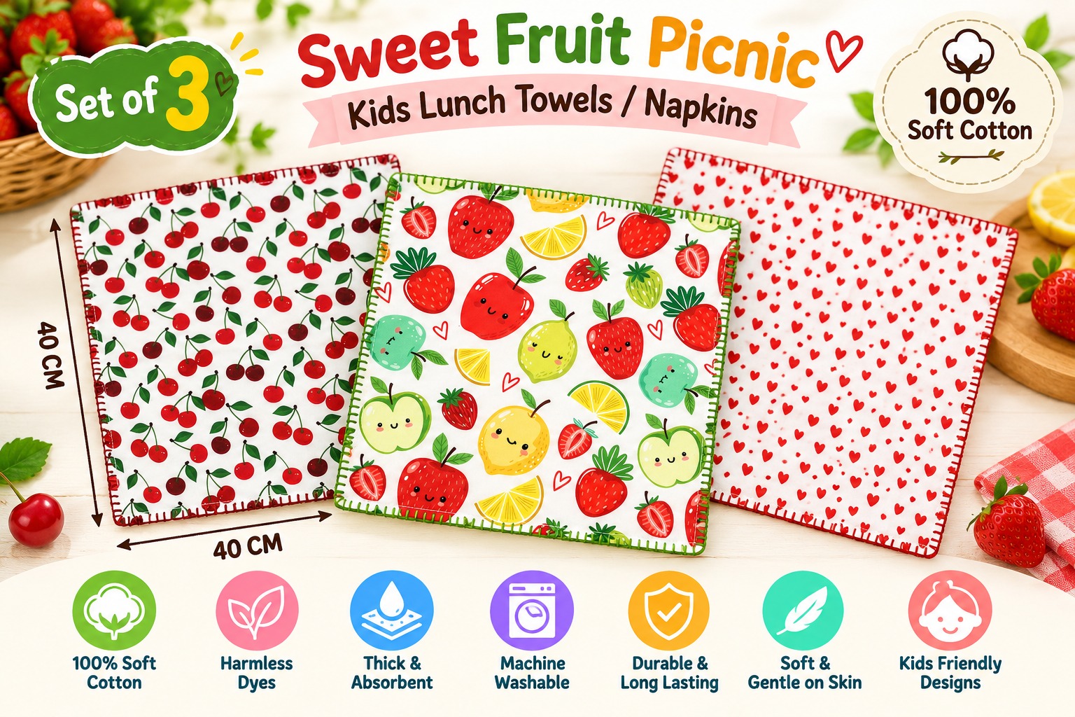 100% Soft Cotton Sweet Fruit Picnic Kids Lunch Towels / Napkins