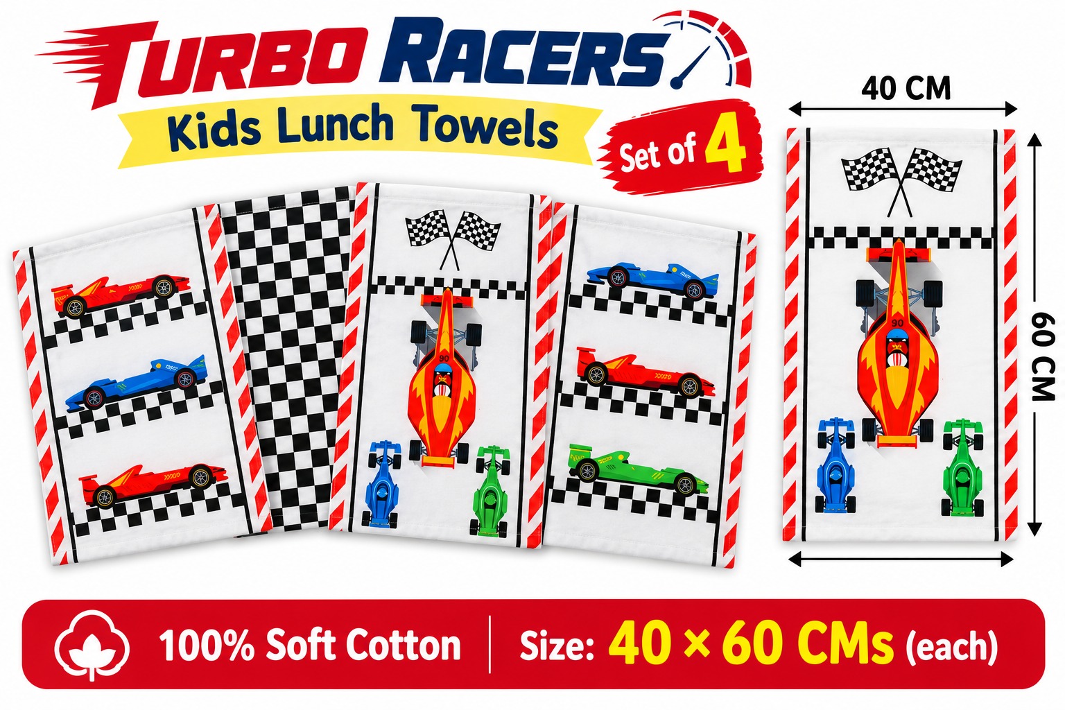 100% Soft Cotton Turbo Racers Kids and Lunch Towels