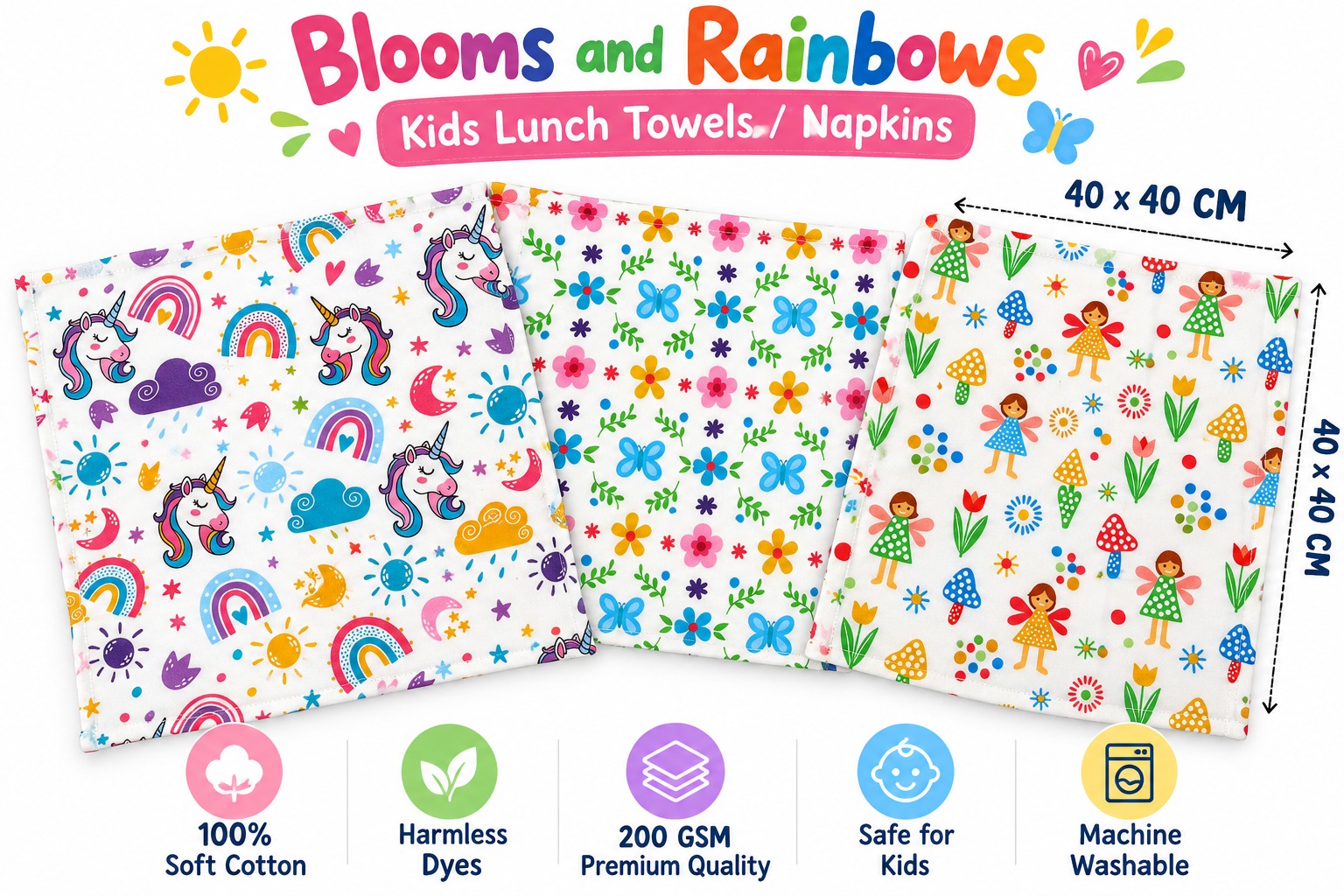 100% Soft Cotton Blooms and Rainbows Kids Lunch Towels / Napkins