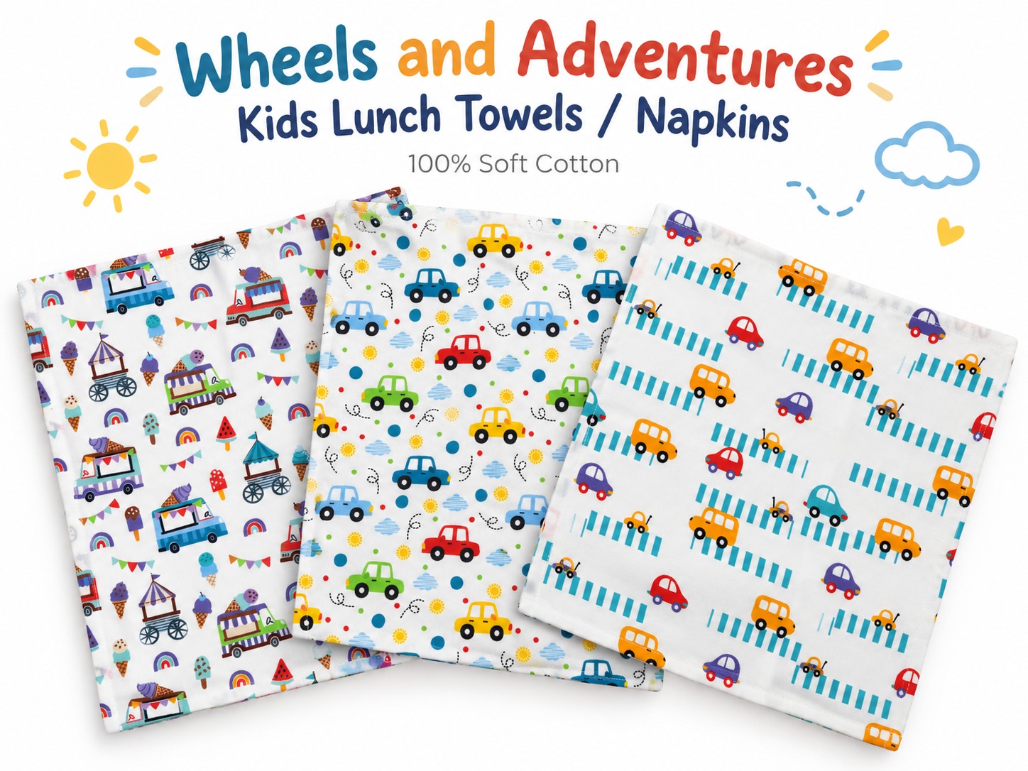 100% Soft Cotton Wheels and Adventures Kids Lunch Towels / Napkins