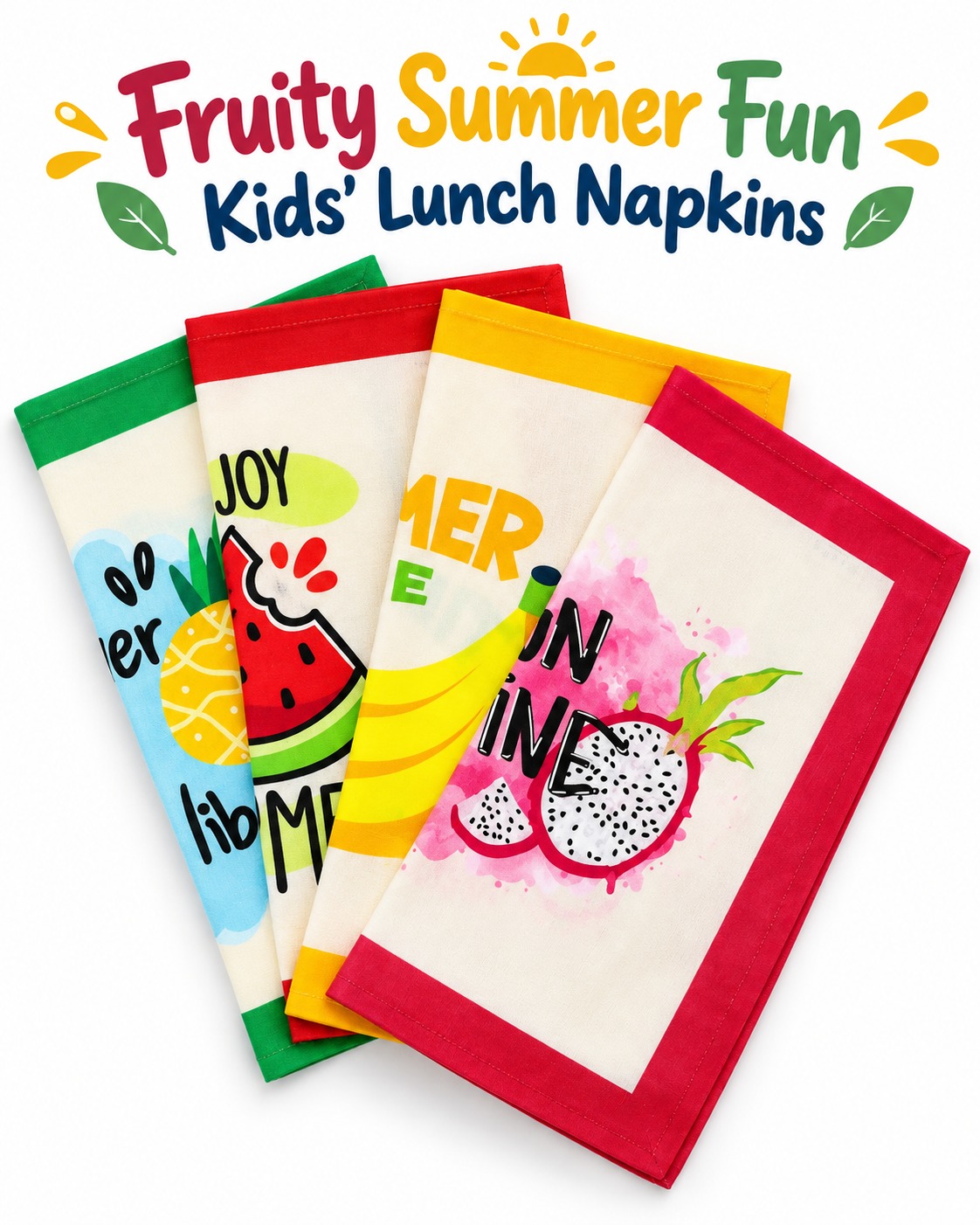 100% Soft Cotton Fruity Summer Fun Kids Lunch Towels / Napkins